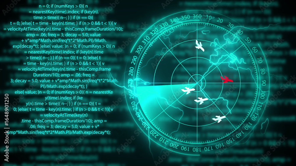 Poster radar screen with code and airplanes on world map programming