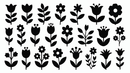 Fototapeta premium Seamless floral pattern with abstract flowers and leaves creating a folk art inspired design for textile prints and decorative backgrounds featuring black silhouettes against a white background