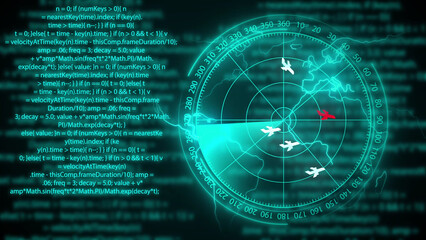 Radar screen with code and airplanes on world map programming