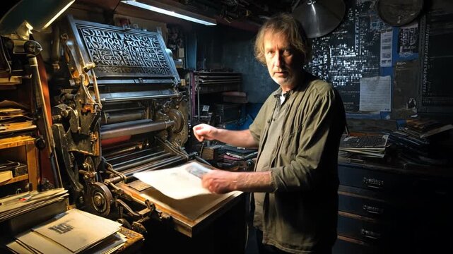 A traditional printmaker working with a vintage manual letterpress machine in a dimly lit workshop, inking the plates carefully.