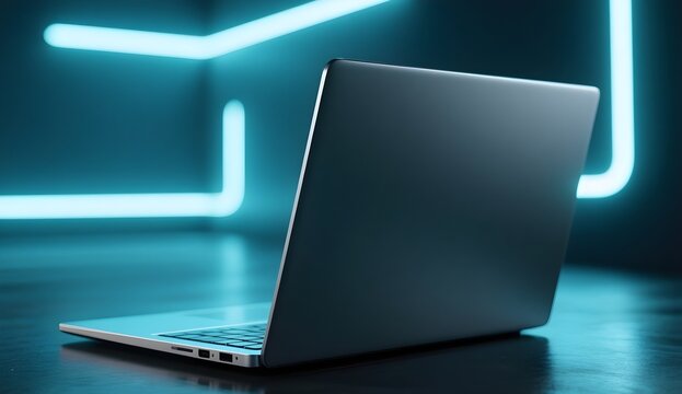 Ultra-realistic render of a slim laptop with an edge-to-edge glowing display, set in a dark room with soft neon accent lights, brushed metal body, cinematic composition.