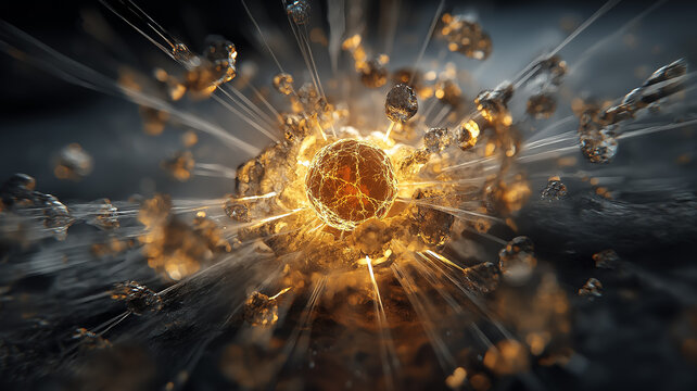 Energy core explosion abstract concept with golden particles