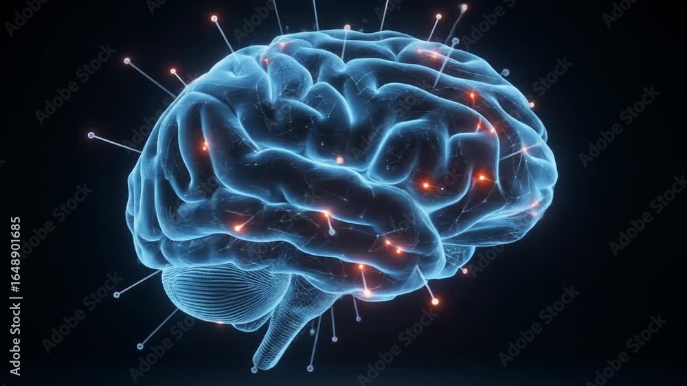 Poster 3d rendering of a human brain model with interconnected glowing neurons