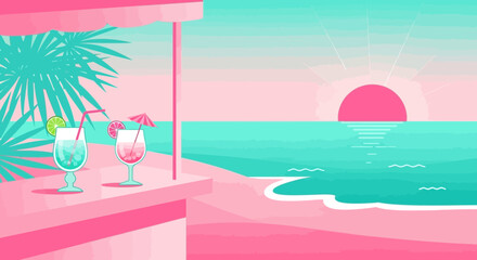 Aesthetic Tropical Getaway with Cocktails at Beachfront Bar Scene