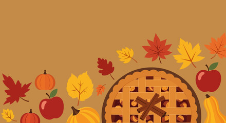 Autumnal Arrangement Of Pie Apples Pumpkins And Fall Foliage Background