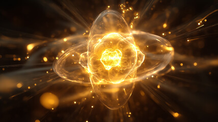 Golden energy core atom nucleus abstract background concept