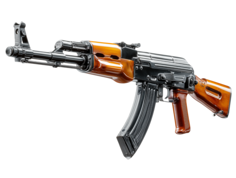 The iconic Kalashnikov rifle stands ready, showcasing its robust design. 