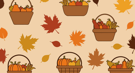 Autumnal Bountiful Harvest Seamless Pattern with Baskets and Colorful Falling Leaves