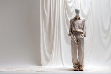 Neutral total look on mannequin with simple linen pants and shirt, seamless white backdrop, sharp contrast, ideal for minimal fashion, catalog, and lifestyle photography.