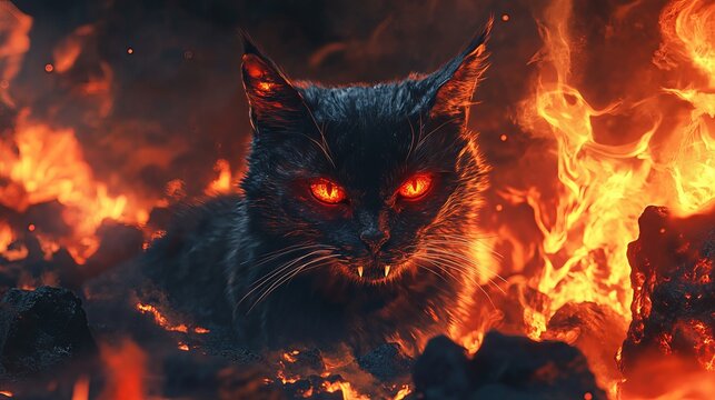 black cat with glowing red eyes surrounded by intense flames and embers. The image evokes a sense of mystery and power.