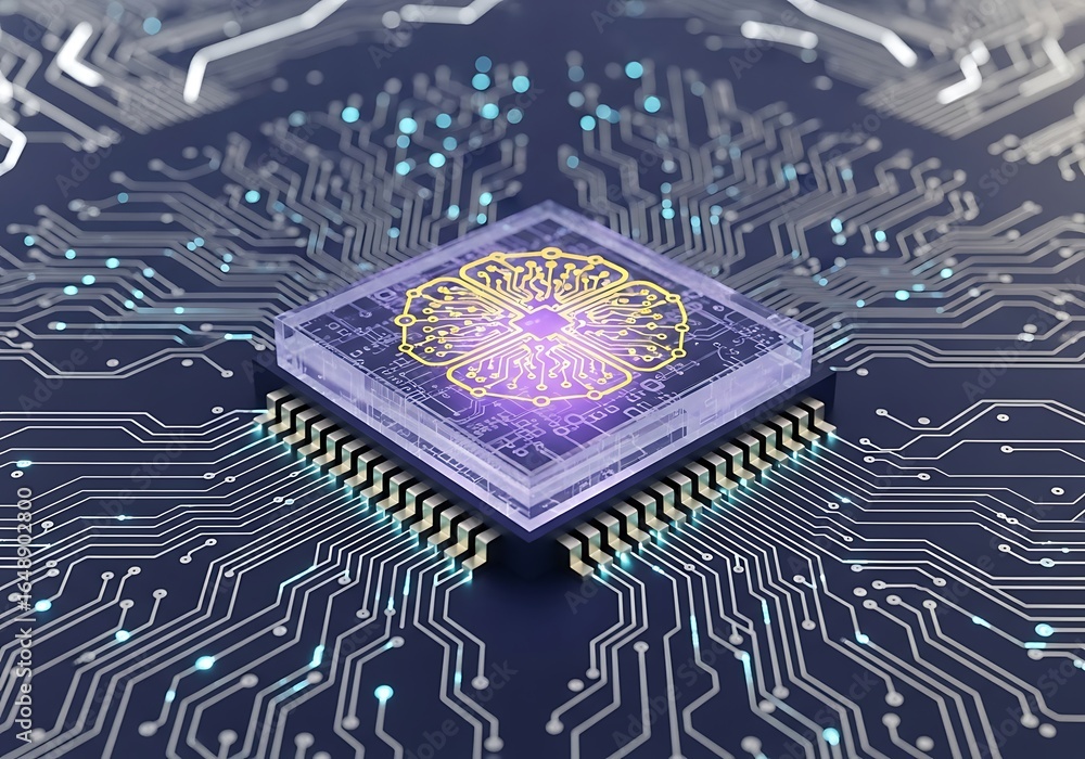 Poster intelligent ai processor glowing with data pathways on a futuristic circuit board, symbolizing innov