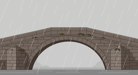 Ancient stone bridge under heavy rain offering a gloomy and isolated atmosphere