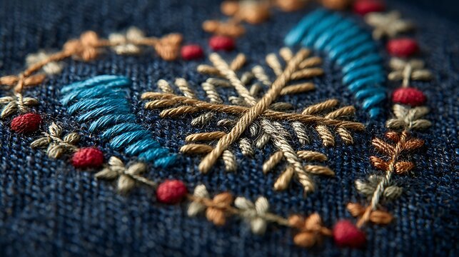 Close-up of embroidered heart design with blue gold and red thread on dark blue fabric