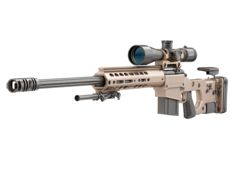 An extremely detailed studio shot of a precision rifle, showcasing its intricate design and advanced features