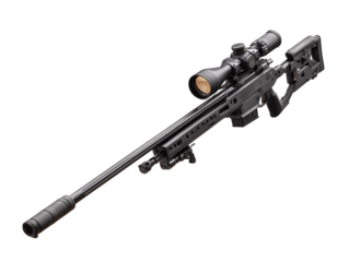 A high-powered sniper rifle, crafted for precision, lies poised, its advanced optics and sleek design embody the apex of tactical weaponry. 