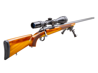 A high-caliber precision rifle, meticulously crafted, rests with its scope at the ready