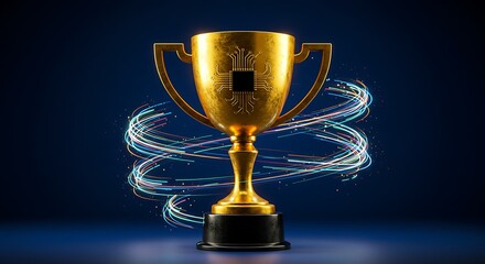 Golden Trophy with Circuit Board Detail and Swirling Light Trails on Dark Blue Background