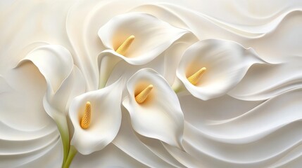 Three elegant white calla lilies rest on a flowing, creamy white fabric backdrop