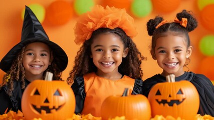 Group of children smiling in colorful Halloween costumes. Bright orange and green decorations create a fun atmosphere. Concept of Halloween celebration, family gatherings, children’s events