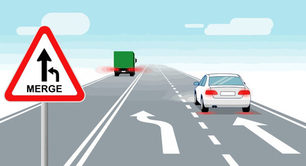 Approaching Merge Point On The Road With Cars And Trucks During The Day