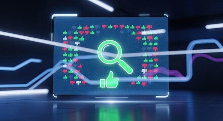 A magnifying glass highlights a green like symbol amongst many red dislike symbols on a transparent board. Search for positive feedback concept.