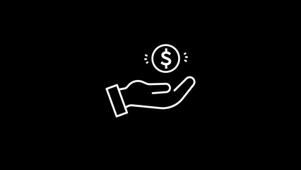 White dollar coin in hand icon on black background