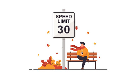 Autumnal Serenity Man Sits On Park Bench Near Speed Limit Sign