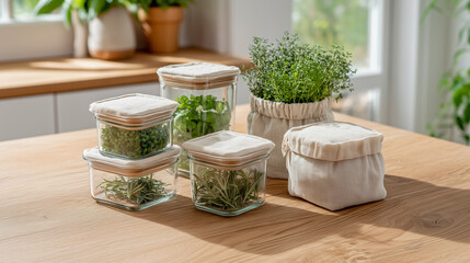 Fresh herbs stored in reusable glass containers for a sustainable zero waste kitchen