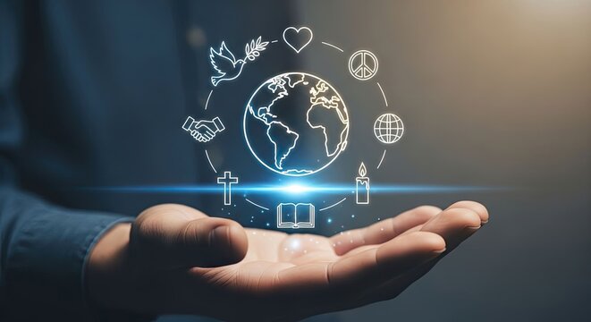 Man holding open palm with glowing digital globe and religious symbols. Concept of world peace, unity, and multi-faith harmony.