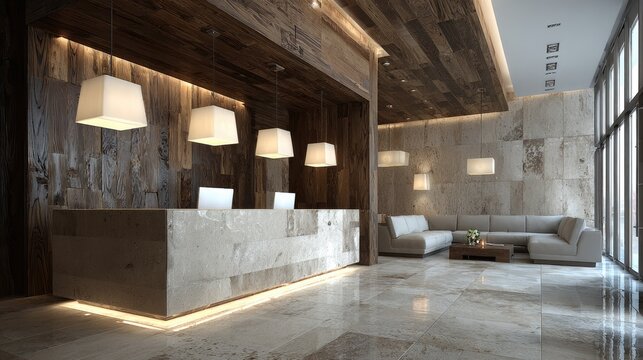 Modern lobby, wood & stone, light & airy