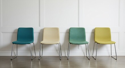 Obraz premium Four colored chairs against a white wall
