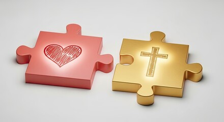 Red heart and golden christian cross puzzle pieces. Love of god and christianity connection concept. For religious holiday.