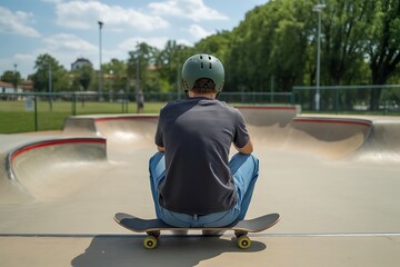Skateboarder Contemplates Next Trick: Urban Skate Park Scene