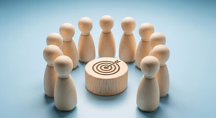 Team collaborates around target symbol representing shared goals and strategic focus in business