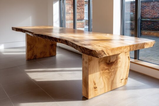 Large wooden dining table with exposed live edge