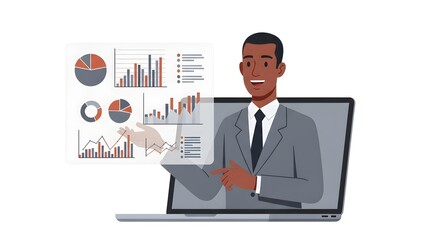 Fototapeta premium Businessman Presenting Data Charts Emerging from Laptop Screen.