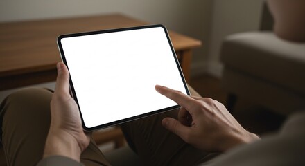 Naklejka premium A person holding a tablet with a blank white screen The persons finger touches the screen Brown pants and a table are visible