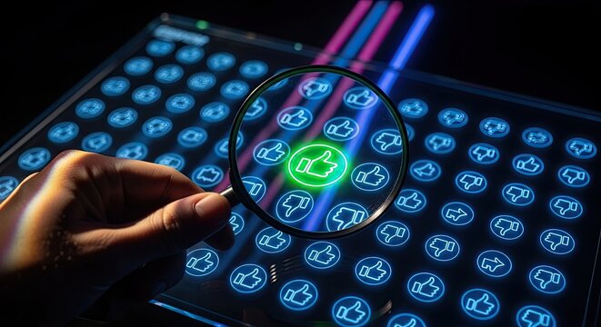 A hand holds a magnifying glass over a screen with glowing like and dislike icons, finding a green like symbol. Social media interaction and feedback search.