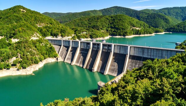 A large concrete dam sits on a river surrounded by lush green hills and a vibrant teal reservoir - Powered by Adobe