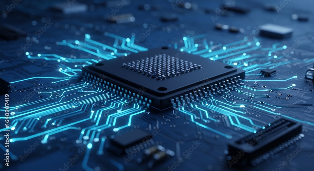 Poster a close-up of a computer chip with illuminated blue circuits on a dark circuit board