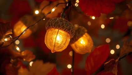 Obraz premium Autumn decor with acorns and fairy lights, cozy fall decoration