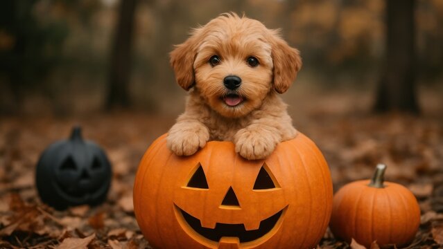 Adorable puppy inside carved pumpkin.