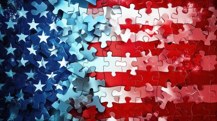 A puzzle depicting the american flag with red white and blue pieces scattered around the surface