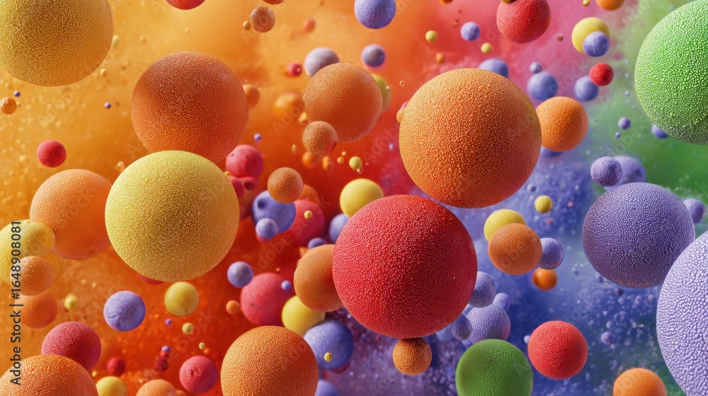 Poster an abstract image featuring a vibrant display of colorful spheres, creating a dynamic and visually a