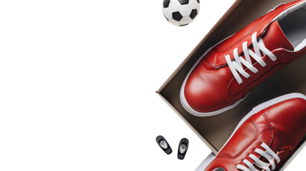 Red leather soccer shoes with white laces and soccer ball product shot for online store promotion sale on transparent background