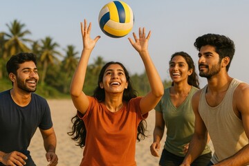 Friends playing beach volleyball joyfully.