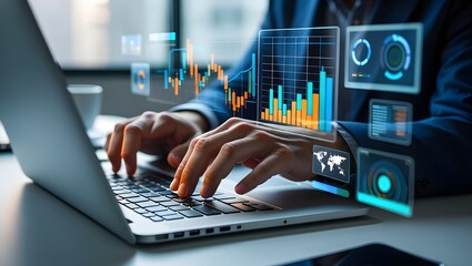 Businessman analyzing financial technology data for investment integration using laptop in modern office, visualizing digital charts, market trends, and fintech insights for economic strategy.