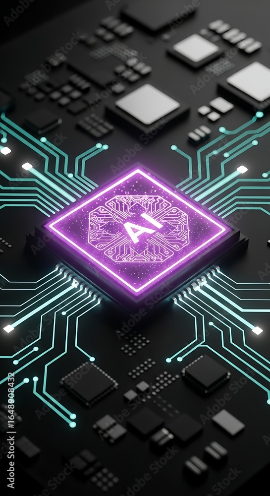Poster futuristic ai processor with glowing neon circuits for cutting-edge technology innovation projects