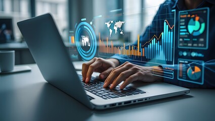 Businessman analyzing financial technology data for investment integration using laptop in modern office, visualizing digital charts, market trends, and fintech insights for economic strategy.