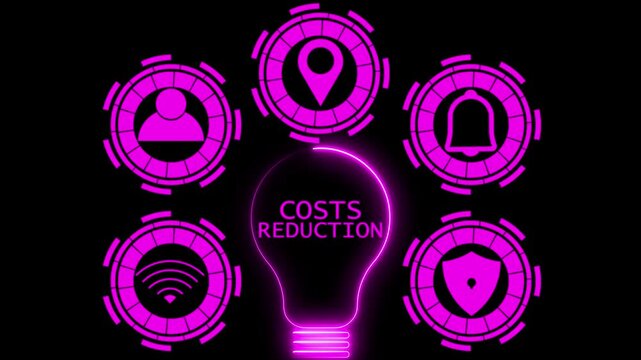 Neon Pink Digital Icons Orbiting Glowing Lightbulb with Costs Reduction Text Business Strategy